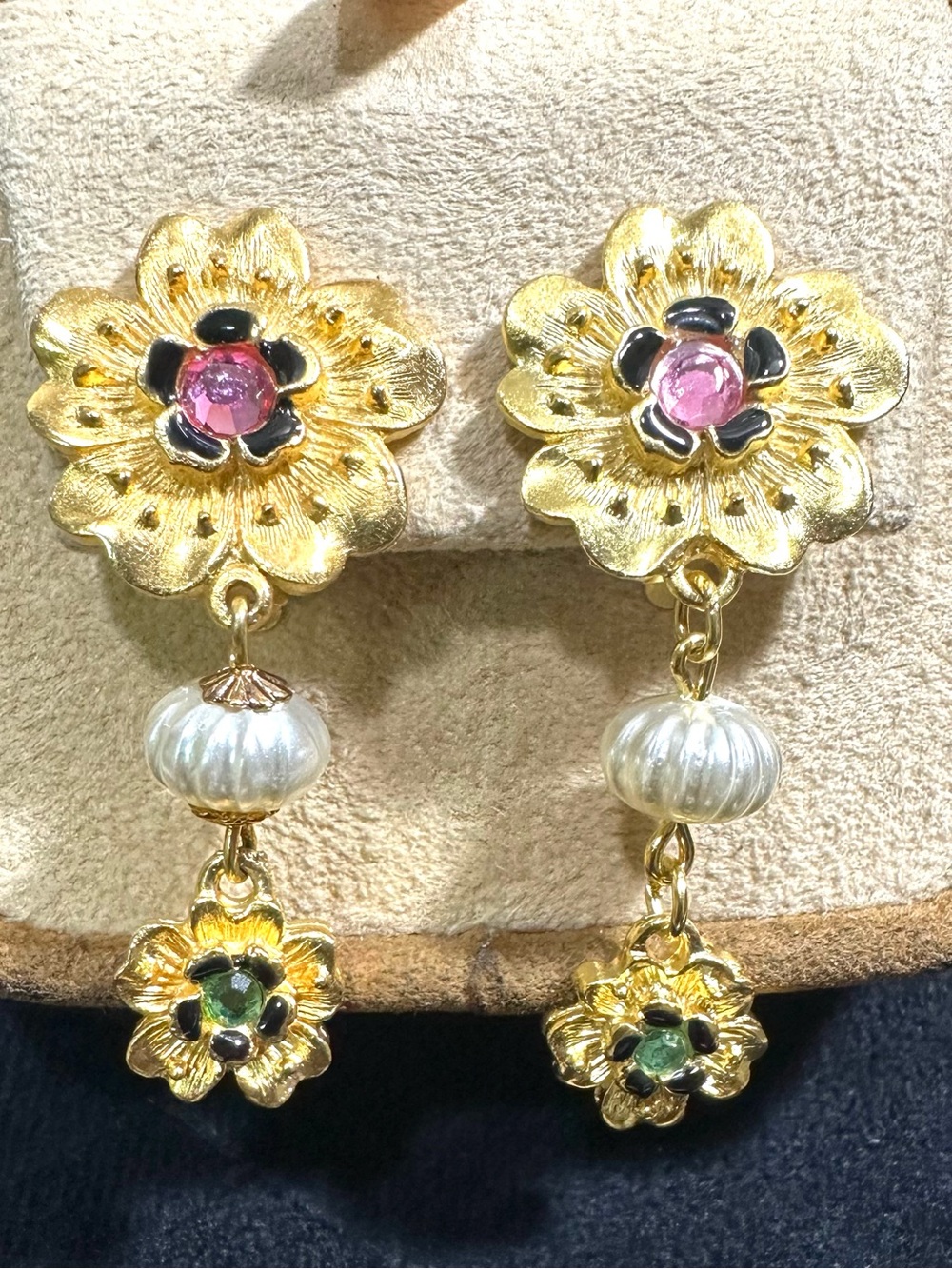 Vtg: CRAFT Pink & Green Rhinestone Double Floral Dangle Clip On Earrings